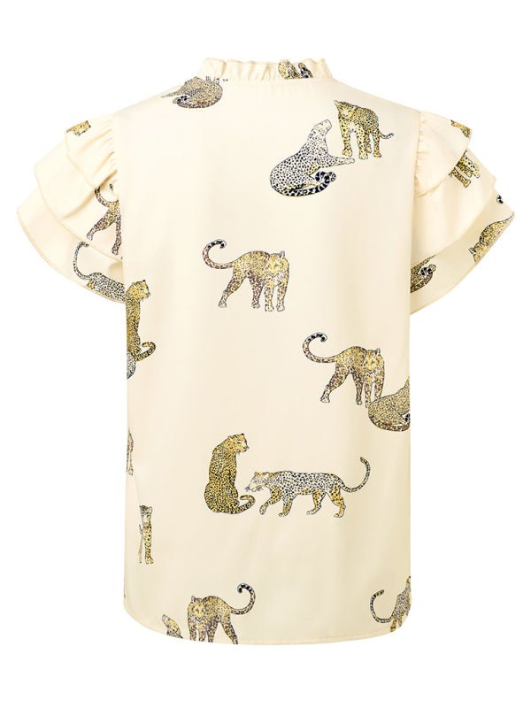 New casual summer V - neck printed ruffle sleeve top - Top
